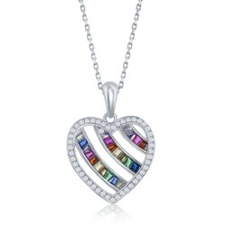 Multi-colored CZs in Three Rows in Heart Sterling Pendant